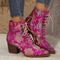 Comemore Women's Boots Spring Autumn New Embroidery Ethnic Style Pointed Head Chunky High Heel Ankle Boots Retro Short Botines 38