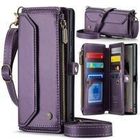 Odinis dėklas su kortelių laikikliu ir dirželiu Samsung Galaxy S25 S24 Ultra S23 S22 S21 S20 Note 20, Rankinė per petį su užtrauktuku For Galaxy S25 violetinė