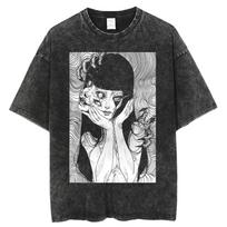 Junji Ito Tomie Siaubo Manga Vintažiniai skalbti didelio dydžio marškinėliai | Unisex Siaubo Anime Gatvės drabužių T-shirt L