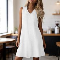 Women’s Fashionable Casual Sleeveless V-neck Plain Dress With Back Zip L smėlis