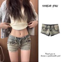 Women's Retro Blue High Street Low Waist Denim Shorts L
