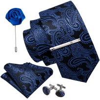 Barry.Wang kaklaraiščio rinkinys vyrams Blue Paisley šilko kaklaraištis Hanky ​​rankogalių segtukas Boutonniere kaklaraiščio segtukas vestuvėms N-0981