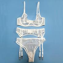 Naujas moteriškas apatinis trikotažas Sexy Lace Itin plonas Push Up liemenėlės rinkinys permatomas tinklelis Temptation apatinis trikotažas 3 dalių rinkinys Liemenėlė + kelnaitės + keliaraištis S balta