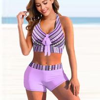 Moteriškas „Halter Bikini Tankini“ maudymosi kostiumėlis Juodai baltas dryžuotas maudymosi kostiumėlis S violetinė