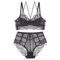 Prancūziškas apatinis trikotažas Itin ploni nėriniai Sexy Push Up liemenėlės rinkinys ir kelnaitės iki juosmens Beauty Back Pack, Moteriškas apatinis trikotažas Didelio D dydžio puodelis 70B juoda