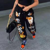 „InstaHot“ moteriškos sportinės kelnės „Harajuku“ animacinių filmų spausdintos kelnės „Jogger“, 2021 m., raišteliai „Cargo“ kelnaitės gatvės apranga, laisvalaikio sportinės kelnės, rudenį S juoda