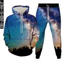 Rudens vyrų sportinio kostiumo rinkinys 3D Universe Galaxy Planet Astronaut Print 2vnt Megztiniai + sportiniai kelnaitės Madingi Moteriški Drabužiai Dydis S-6XL XXL gray