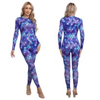 Moteriška Mermaid Cosplay Fish Scale Print Jumpsuit ilgomis rankovėmis atgal užtrauktuku viso kūno šliaužtinukai Bodysuit maudymosi kostiumėlis M tamsiai mėlyna spalva