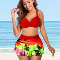 Moteriški maudymosi kostiumėliai Tankini 2 dalių maudymosi kostiumėlis, geltonas kokoso medžio raštais, atostogų maudymosi kostiumėliai S raudona