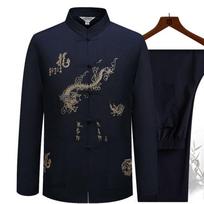 Danmo kinų tradiciniai tango drabužiai Kung Fu kostiumas mada laisvalaikio siuvinėjimas marškinėliai Kelnės Wing Chun Tai Chi Patogus vyriškas rinkinys plius dydis L tamsiai mėlyna spalva