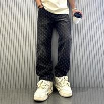 Men's American Style Retro High Street Hip-hop Straight Leg Jeans Trendy Jacquard Full Print Micro Flare Casual Pants XXXL juoda
