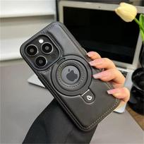Prabangus magnetinis stovas, PU odinis telefono dėklas, skirtas iPhone 16 15 14 13 12 Pro Max Magsafe belaidžio įkrovimo tuščiaviduris logotipo dangtelis iPhone 16 Pro Max juoda