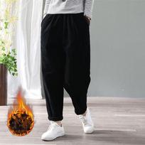 Aksominės šiltos žieminės kelnės moterims elastingu juosmeniu, kordurojaus haremo kelnės, laisvos, vienspalvės, su kišenėmis, didelio dydžio, gatvės stiliaus kelnės moterims XL juoda