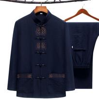 Plius dydžio vyriški Kung Fu kostiumo siuvinėjimo Tang kostiumas pavasariui rudeniui 2 vnt. marškinėliai ir kelnės kinų tradiciniai Tai Chi drabužiai 3XL 4XL 5XL M tamsiai mėlyna spalva