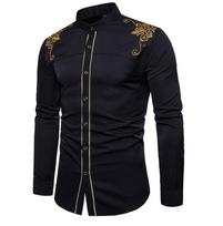 Nauji vyriški paprasti siuvinėti marškiniai su atvartu Vyriški retro stiliaus ploni marškinėliai ilgomis rankovėmis 2XL juoda