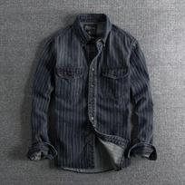 Rudens individualus dryžuotas džinsinis marškinys vyriškas darbinis amerikietiškas retro stilius XXXXL juoda