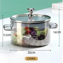 Stiklinis puodas sriubai, atsparus aukštai temperatūrai, su dangčiu, dvigubomis rankenomis, skaidrus borosilikatinis, indukcinis, virtuvinis, skirtas maisto gaminimui 1500ML
