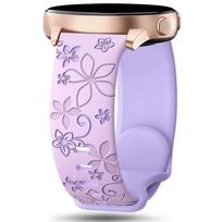 20 mm silikoninis dirželis su gėlių dizainu, gėlėmis graviruotas, dvispalvis, skirtas Amazfit GTR, Huawei, Garmin, Samsung Galaxy Watch 7 6 5 4 Universal 20mm width violetinė