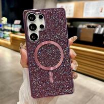 Prabangus Blizgantis Cirkonio Deimantinis dėklas Samsung S25 S24 S23 Ultra S25 Plus Telefonams, Magnetinis Belaidis Įkrovimas, Atsparus Smūgiams Dangtelis Galaxy S25+