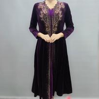 V-Neck Diamonds Midi Women's Vintage Embroidery Spring Autumn Fake Two Pieces Elegant A-Line Dresses 6XL violetinė