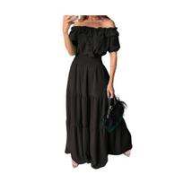 Moteriška vasarinė suknelė Off Shoulder su raukiniais, ilga, trumpomis rankovėmis, aukštu liemeniu, A formos M juoda
