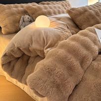 2025 m. žiemos koralinio aksomo patalynės komplektas: Pliušinė imituota triušio kailio antklodė, paklodė su guma, paklodė, pastorinta šilumai 1.2m Bed - 3 pcs, fits 150x200cm duvet