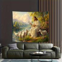 Jėzus tiesia ranką į balandį Rustiško kraštovaizdžio dizaino gobelenas Kambario dekoracija Namų dekoras Miegamojo sienos pakabinamas audinys 29x37in