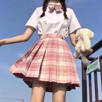 3 vnt. Moteriškas Anime uniformos rinkinys Rožiniai klostuoti sijonai Vasariniai JK marškinėliai ilgomis rankovėmis striukė su mini languoto sijono kostiumu XS rožinė
