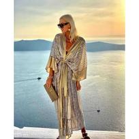 Cover Up Moterų bohemiškas maksi ilgas kimono tunika Cape paplūdimio suknelė Madinga vintažinė blizgučiais rankovėmis megztiniai šventinis vakarėlis auksinis S