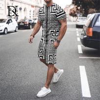 Vasaros vyriškų marškinėlių rinkinys Juodos baltos grotelės 3D spausdinimas per dideli drabužiai Trend Vyriški sportiniai kostiumai FitnessMarškinėlių šortų komplektų komplektas S