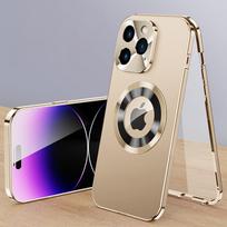 Prabangus aliuminio Aolly Magnetic telefono dėklas, skirtas iPhone 16 15 14 Plus 13 12 Pro Max Full Lens Protection Logo Sky Metalinis dangtelis, skirtas iPhone 15 14 Pro Max For iPhone 13 Pro Max auksas