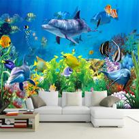 Nuotraukų freska 3D povandeninis pasaulis Sienų freska Delfinai Žuvys Koralai Vaikų kambarys Svetainės televizorius Fono siena Namų apdaila 200 cm(W) x 140 cm(H)