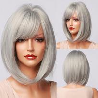 HairCube trumpi tiesūs Bob šukuosenos perukai su kirpčiukais Karščiui atsparūs sintetiniai perukai moterims Sidabriniai pilki Cosplay natūralūs perukai