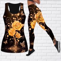 Pink Roses Print jogos apranga moterims Madinga treniruotė Antblauzdžiai Fitnesas Sportas Kasdieninės jogos kelnės XS auksas