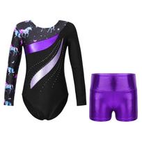 Trikočiai mergaitėms Gimnastika Vaikai Vaikiški dviračiai su šortais Baletas Blizgantys šortai Šokių vienetai 7-8 Years violetinė/juoda