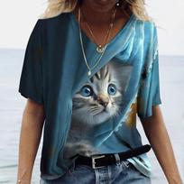 Moteriški marškinėliai Kawaii Cat Print 3D marškinėliai Top mergaičių Y2k drabužiai Vasariniai trumpomis rankovėmis marškinėliai V formos iškirpte, laisvalaikio atostogų moteriški marškinėliai S