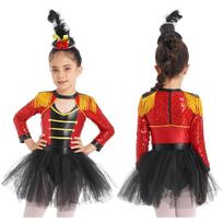 Vaikų mergaičių mago kostiumas ilgomis rankovėmis su blizgučiais kutais Epaulet Tutu sijonas su mini kepure, skirta Helovino cosplay 5-6 Years raudona