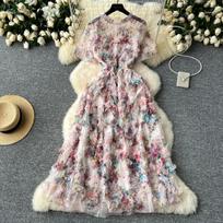 Prašmatni prancūziška maxi suknelė moterims Tinklinės, gėlėmis margintos moteriškos tiulio suknelės Vestidos De Mujer O formos iškirpte pūstomis rankovėmis elegantiškos M juoda