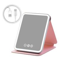 LED apšviestas makiažo veidrodis 3 spalvų režimai Reguliuojamas 2 viename sulankstomas kosmetinis veidrodis USB įkraunamas nešiojamas kelioninis kosmetinis veidrodis S rožinė