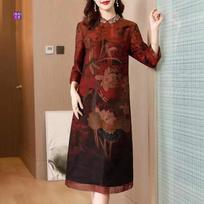 Moteriška vasarinė temperamento kiniško stiliaus čiongsam suknelė, motinos stovinčia apykakle, elegantiška pilvą maskuojanti A silueto sijonas 4XL raudona