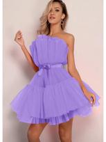 WT2025 Elegantiška tinklinio tiulio suknelė su kaspinu Large violetinė