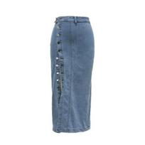 Moterų džinsinis sijonas Aukštas juosmuo Mygtukų juostelė Vienspalvis Midi sijonas Nelygios skeltuko dizainas Vidurio blauzdos ilgio sijonas M šviesiai mėlyna spalva