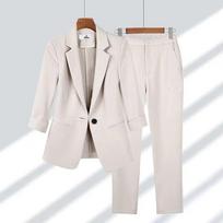 Vasaros moteriškas plonas švarkas kostiumas, laisvalaikio plačios kelnės, dviejų dalių biuro kostiumas verslo kostiumas L smėlis