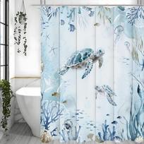 Sea Turtle Shower Curtain, Blue Green Beach Coastal Sea Turtle Starfish Jellyfish Underwater Creatures Bathroom Decorative Showe 90*180cm