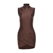Ladies New Style Temperament Pure Desire Slim High Collar Solid Color Pleated Hip Dress Female S tamsiai ruda spalva