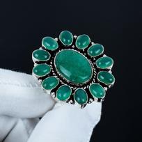 Smaragdas, Žalias oniksas, Brangakmenio žiedas, 925 prabos sidabrinis žiedas, Dovana jai, Ovalus akmuo, Elegantiškas rankų darbo žiedas, Žalio onikso gėlės sidabrinis žiedas US 4 žalia