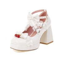 Ladies Woman Platform High Heel Sweet Lolita Cosplay Strawberry Pumps Square Toe 9cm Ladies Thick Heels Bowtie Buckle Size33-43 33
