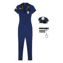 Vyriškas Helovino policininko kostiumas, Cosplay kostiumas, Priekyje užsegamas kombinezonas, Pilnas komplektas su kepure, diržu, antrankiais, ženkleliu, Septynių dalių policininko rinkinys M mėlyna