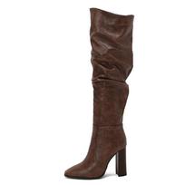 Madingi moteriški batai virš kelių, smailus priekis, 10 cm blokinis kulnas, siekiantys kelius, klostuoti batai, moteriški batai, 2025 m. naujiena, Zapatos De Mujer 34 ruda