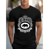 Europos dydžiai ECKO Grafinio Dizaino Juodi Marškinėliai Vyrams - Laisvalaikio T-shirt su Drąsiu Rinocero ir Karūnos Raštu S juoda